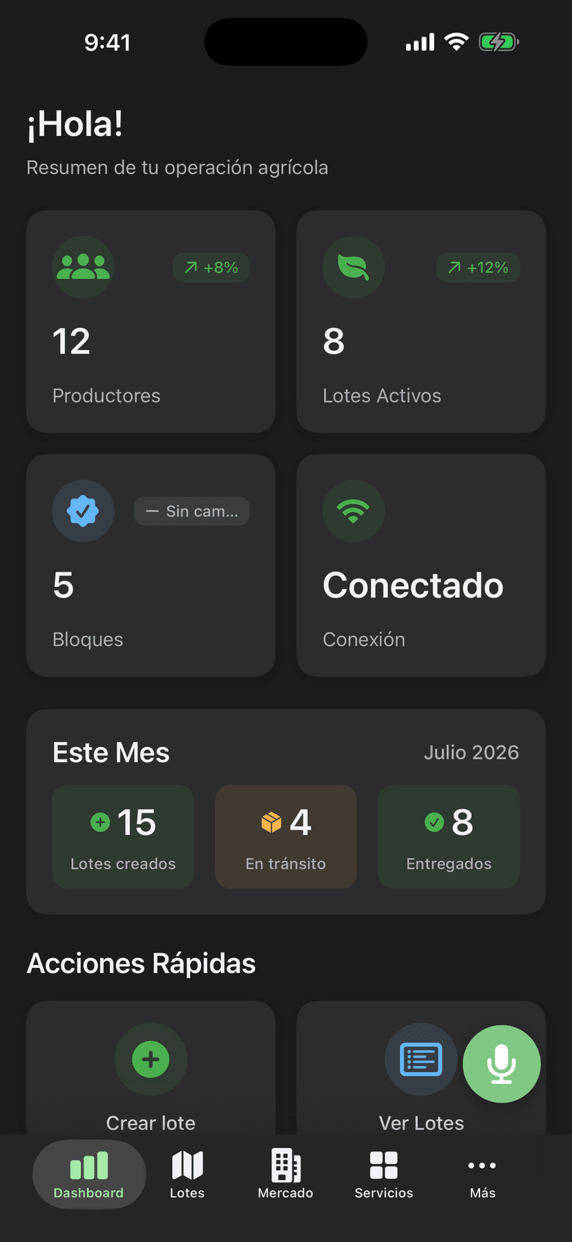 AgroBridge app screen: main dashboard in dark mode