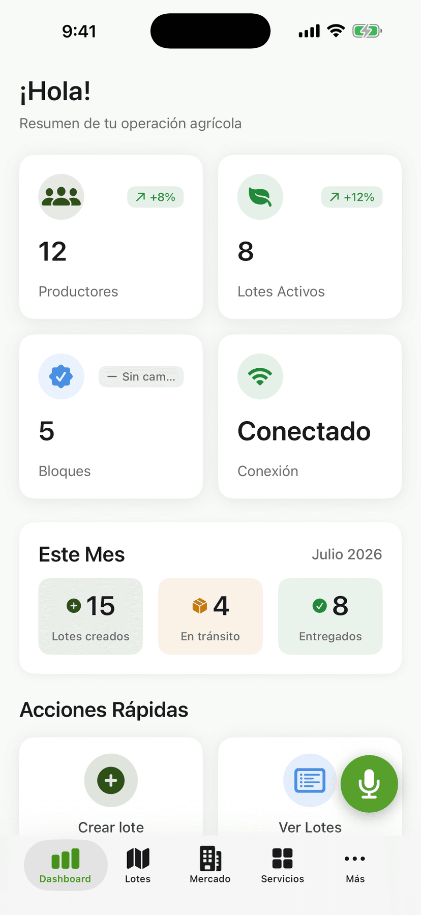 AgroBridge app screen: dashboard with lots registered on blockchain