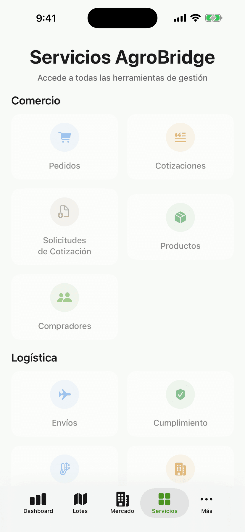 AgroBridge app screen: export documentation services