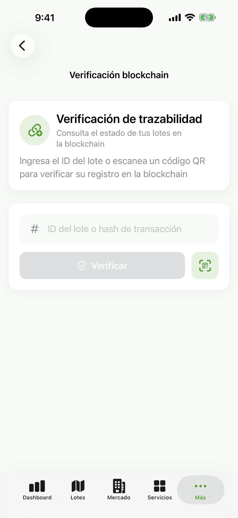 AgroBridge app screen: QR traceability verification